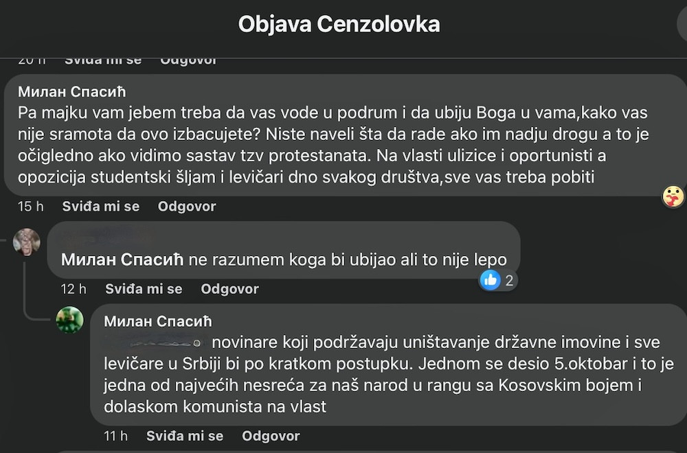 Snimak ekrana pretnje na Fejsbuk strani Cenzolovke